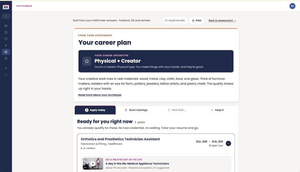 PathFinder career plan with archetype, pay range, and roles the jobseeker already qualifies for