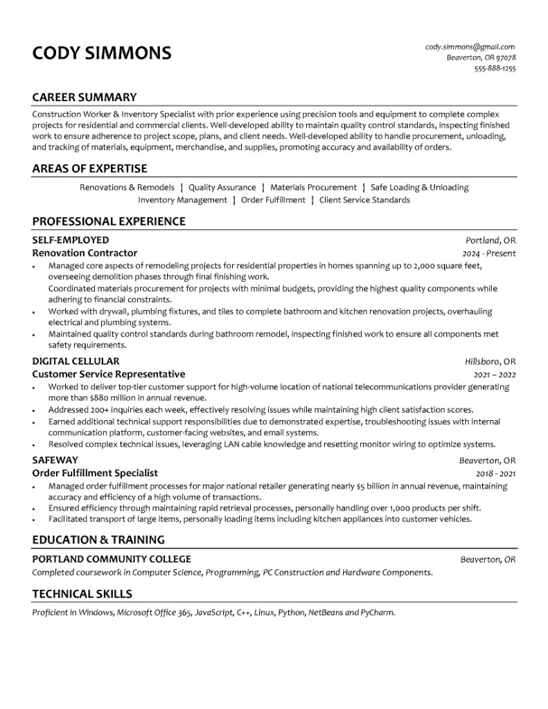 RS Works resume for Cody Simmons